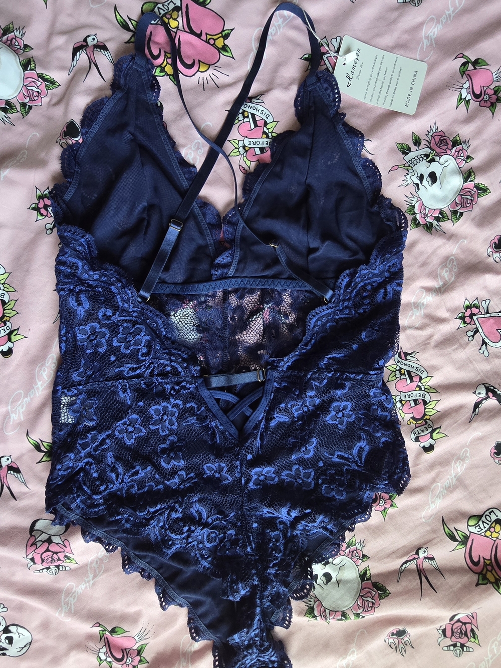 Navy Blue Lace Plunge Teddy Bodysuit - Women Intimates - Picture 5 of 9